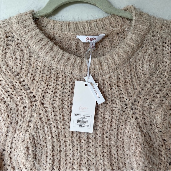 Candies women’s eyelash chenille long sleeve cable knit sweater, Large, beige - Picture 4 of 8